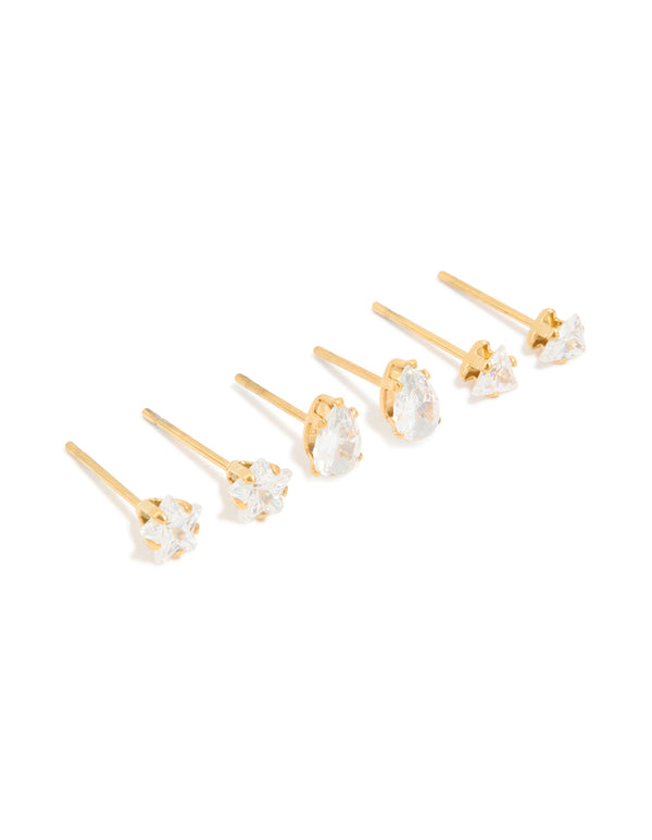 Waterproof Gold Plated Stainless Steel Cubic Zirconia Mixed Cut Stud Earrings 3-Pack