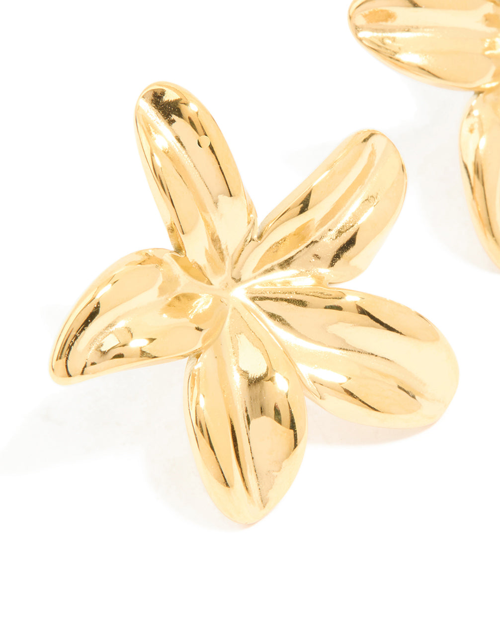 Crafted from waterproof gold plated stainless steel frangipani flower stud earrings in close up view