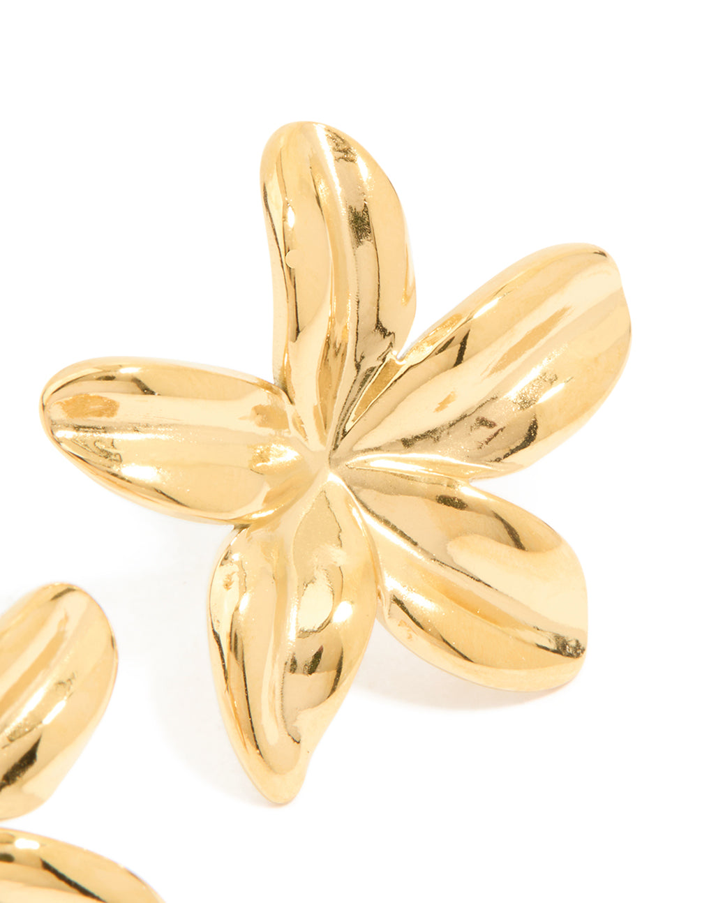 Highlighting waterproof gold plated stainless steel frangipani flower stud earrings in post detail view