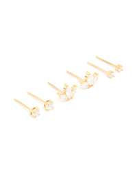 Waterproof Gold Plated Stainless Steel Cubic Zirconia Mixed Shaped Stud Earrings 3-Pack - link has visual effect only