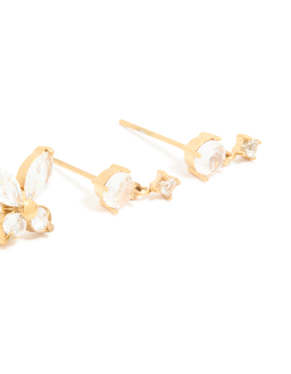 Crafted from waterproof gold plated stainless steel with cubic zirconia, butterfly and floral earrings 3-pack post detail view