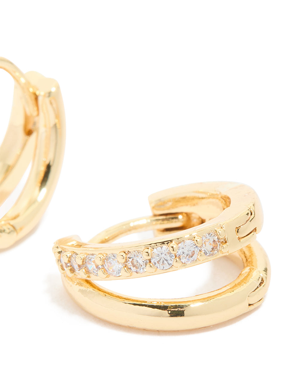 Displaying waterproof gold plated stainless steel cubic zirconia double row huggie earrings in gold post detail view