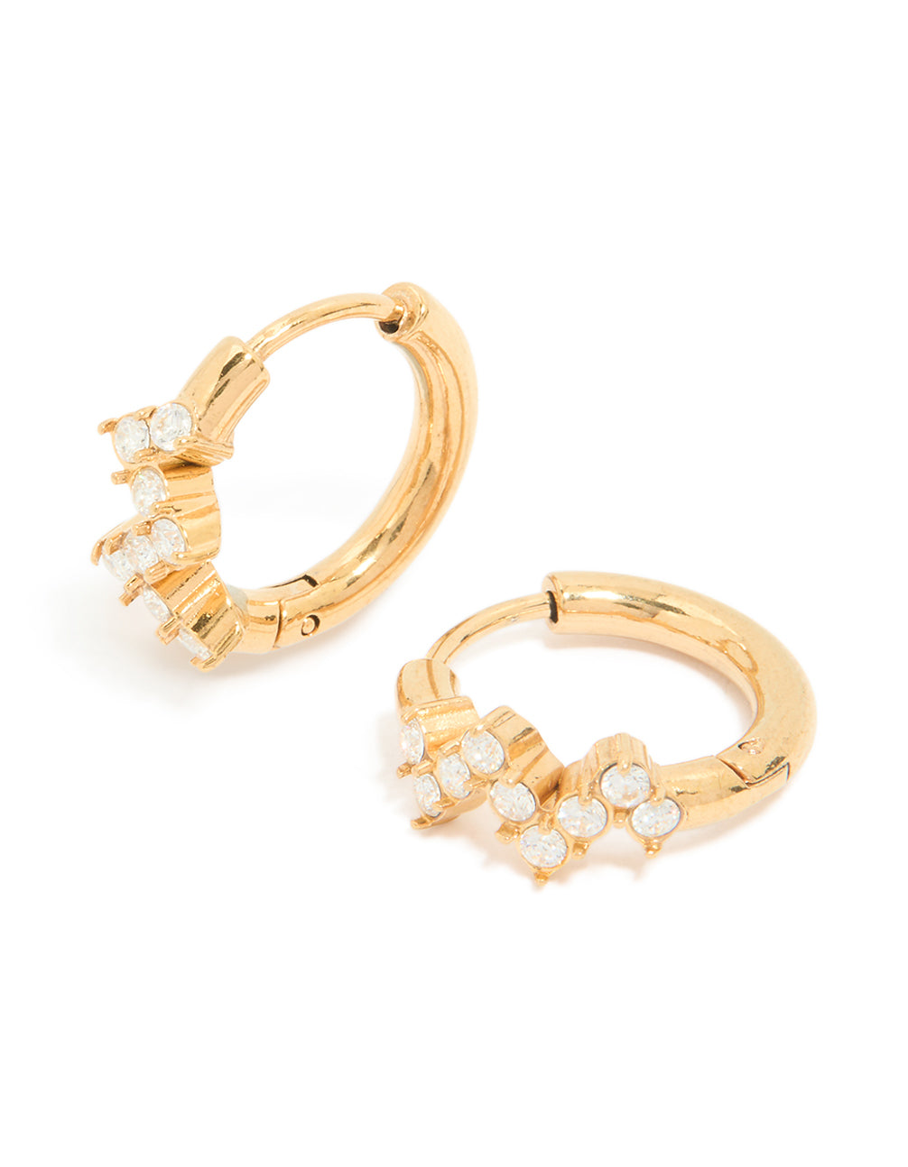 Discover waterproof gold plated stainless steel cubic zirconia zig zag huggie earrings in clear front view