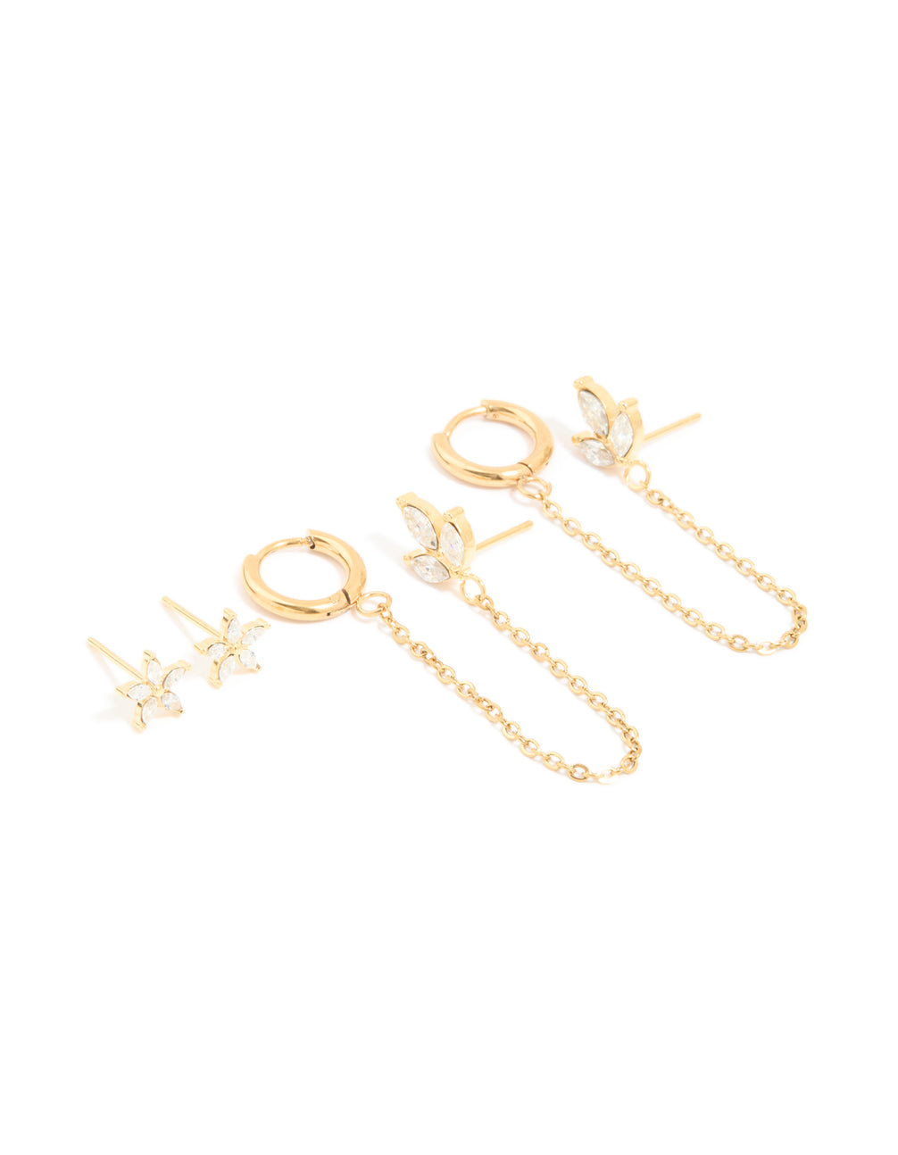 Elegant waterproof gold plated stainless steel cubic zirconia flower hoop chain and ear stackers in a 2-pack front view