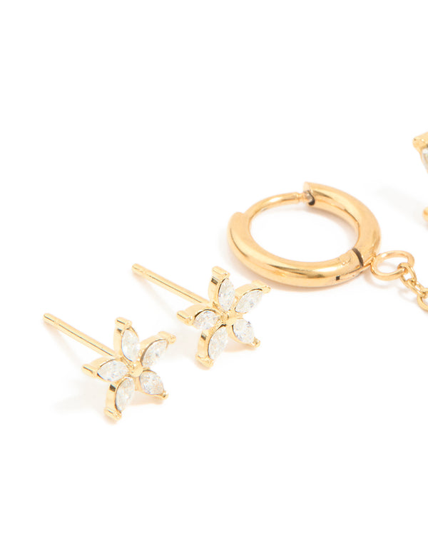 Waterproof Gold Plated Stainless Steel Cubic Zirconia Flower Hoop Chain & Flower Ear Stackers 2-Pack