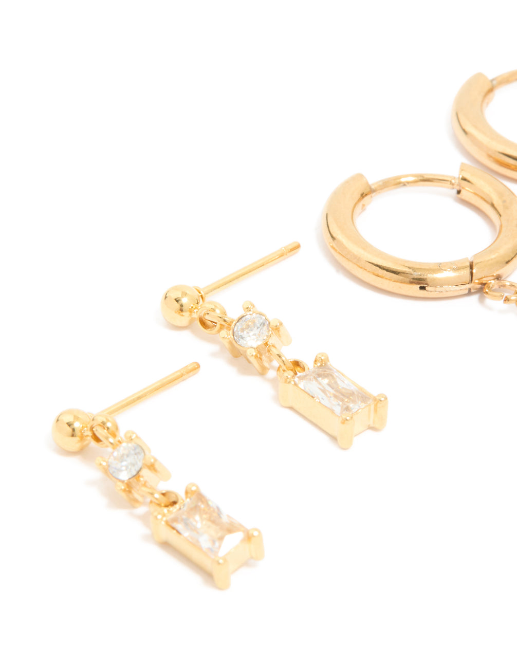 Designed with waterproof gold plated stainless steel cubic zirconia chain and studs ear stacking pack earrings close up view