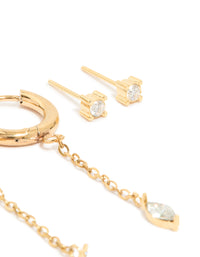Waterproof Gold Plated Stainless Steel Cubic Zirconia Chain & Studs Ear Stacking Pack - link has visual effect only