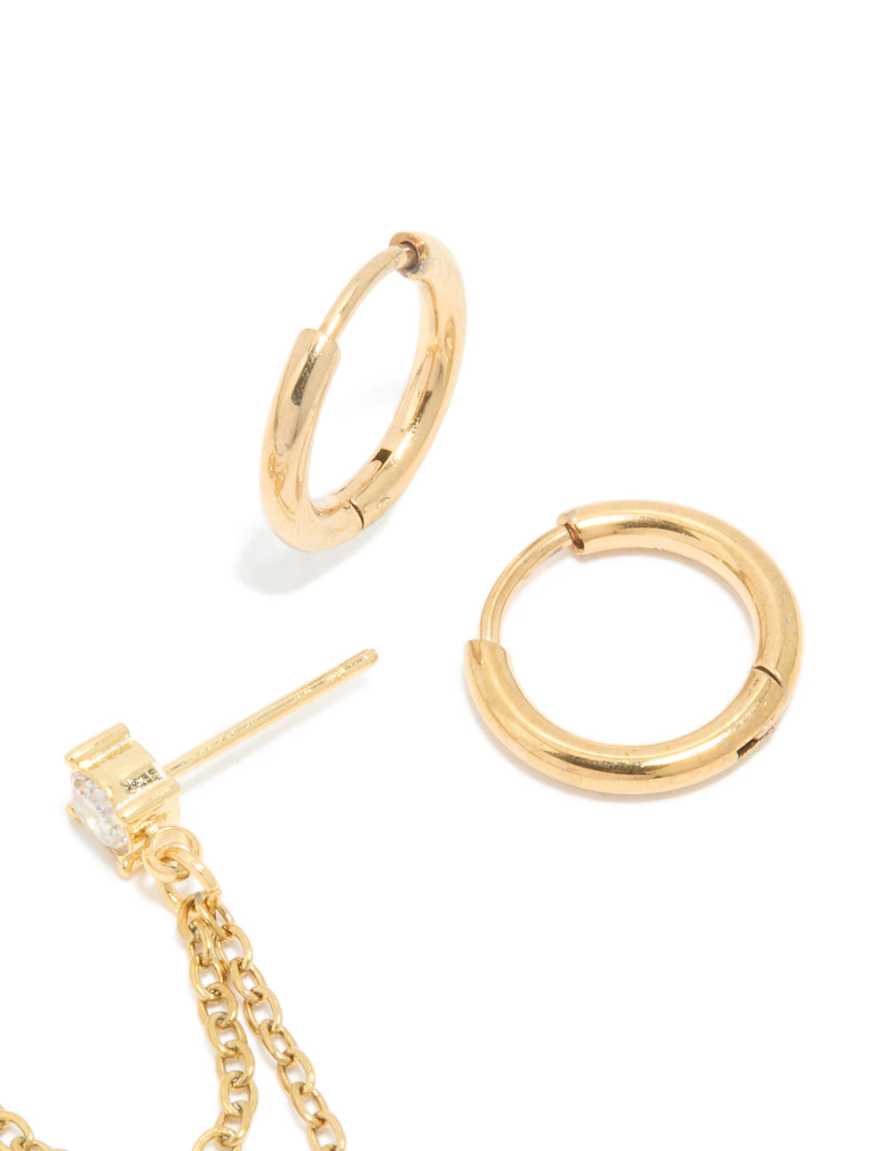 Showcase waterproof chain and huggie earrings pack crafted from gold plated stainless steel featuring pearl and cubic zirconia accents in post detail view