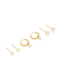 Waterproof Gold Plated Stainless Steel Cubic Zirconia Hoop & Stud Earrings 3-Pack - link has visual effect only