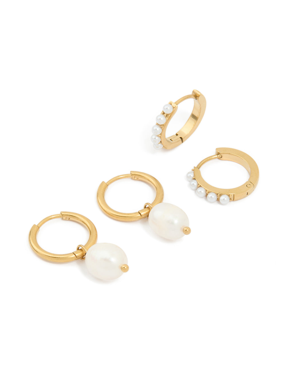 Showcasing waterproof gold plated stainless steel pearl detail huggie earrings in a 2-pack front view