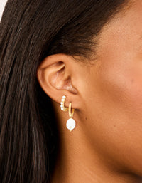 Waterproof Gold Plated Stainless Steel Pearl Detail Huggie Earrings 2-Pack - link has visual effect only