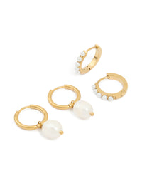 Waterproof Gold Plated Stainless Steel Pearl Detail Huggie Earrings 2-Pack - link has visual effect only