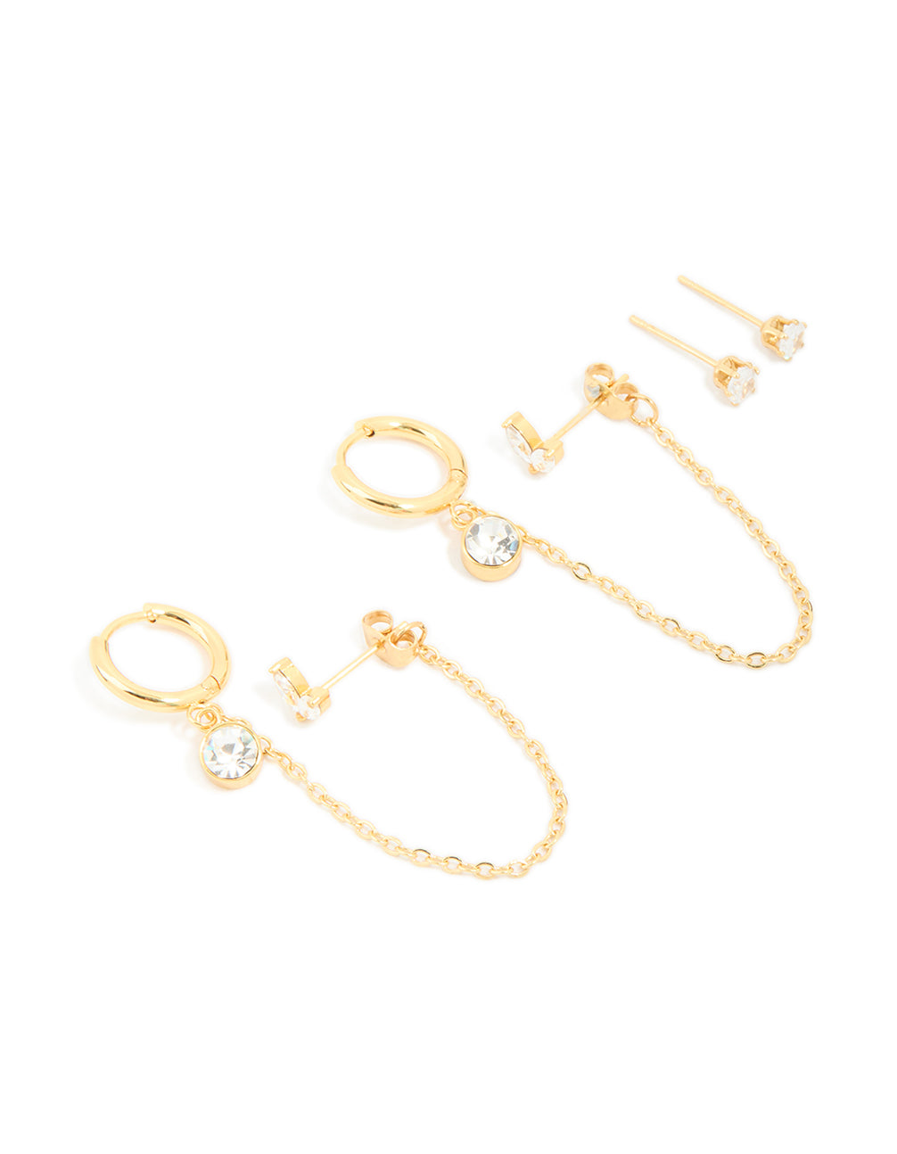 Featuring waterproof gold plated stainless steel cubic zirconia mixed earrings in a 2-pack with huggie and stud closure front view