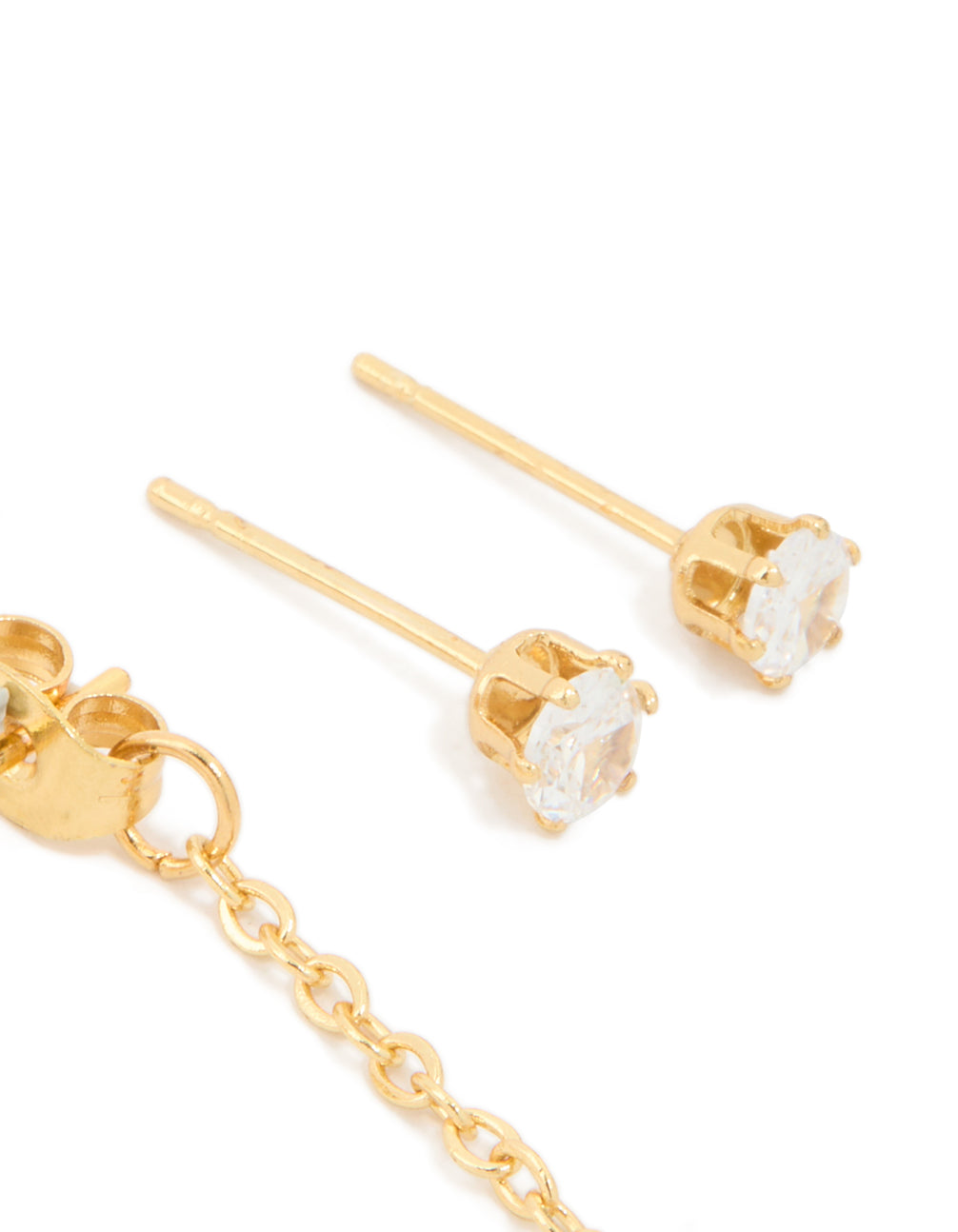 Highlighting waterproof gold plated stainless steel cubic zirconia mixed earrings in a 2-pack with huggie and stud closure post detail view