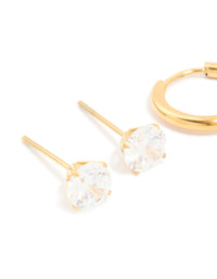 Waterproof Gold Plated Stainless Steel Cubic Zirconia Huggie & Stud Earrings 3-Pack - link has visual effect only