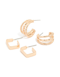 Gold Rectangle & Double Hoop Earrings 2-Pack - link has visual effect only