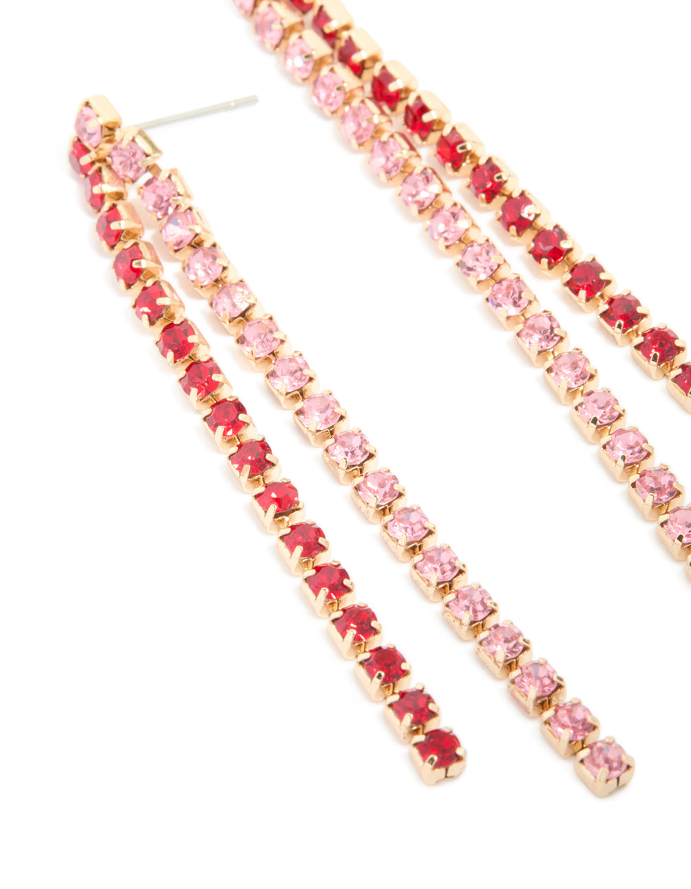Gold Pink & Red Diamante Cup Chain Drop Earrings