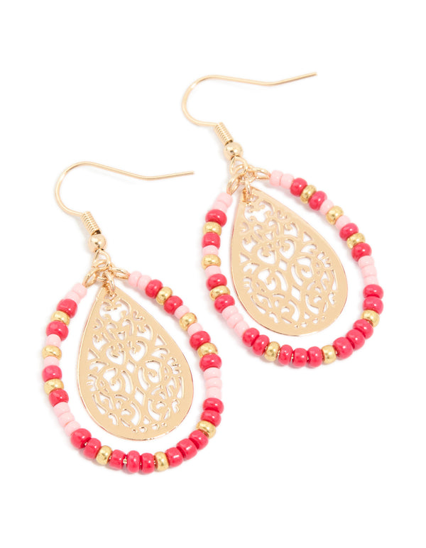 Gold Red Beaded Filigree Circular Earrings