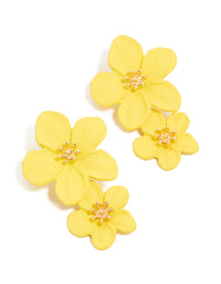 Gold Yellow Double Flower Asymmetrical Earrings - link has visual effect only