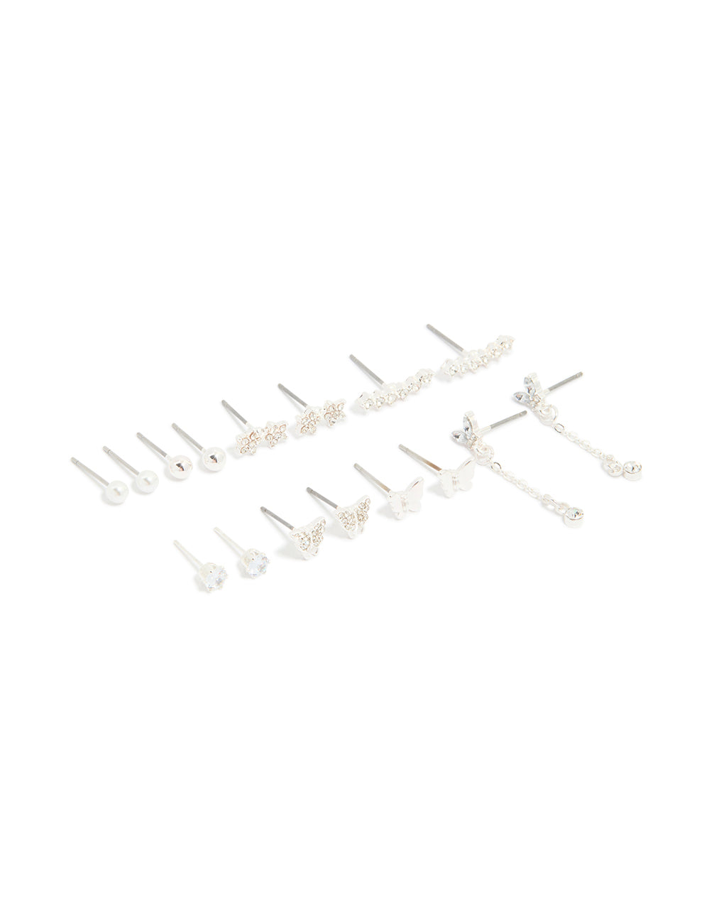 Silver Diamante Butterfly Chain & Ball Stud Earrings 8-Pack