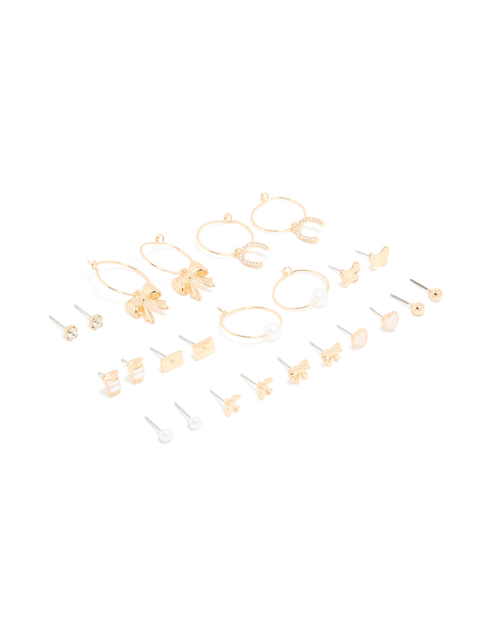 Explore this assorted 12-pack featuring bow, butterfly, charm, and pearl details in gold with white and ivory accents front view