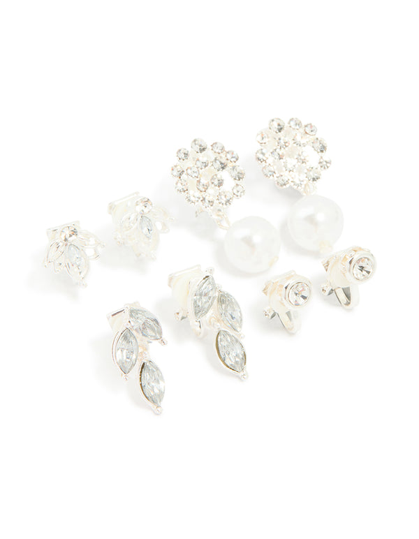 Silver Diamante & Pearl Clip On Earrings 4-Pack