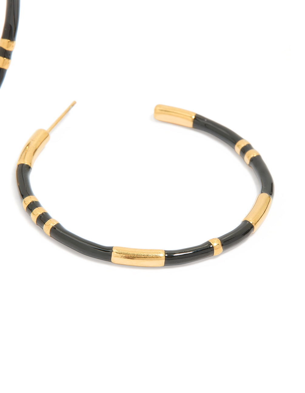 Highlighting waterproof gold plated stainless steel black enamel striped hoop earrings close up view