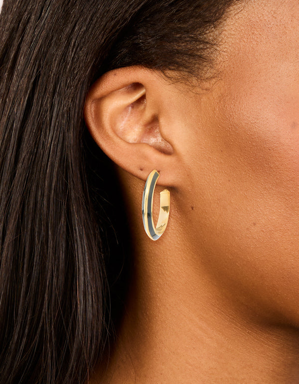 Waterproof Gold Plated Stainless Steel Black Enamel Stripe Hoop Earrings