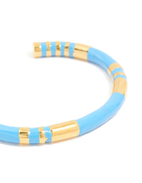 Waterproof Gold Plated Stainless Steel Stripe Blue Enamel Wrist Cuff - link has visual effect only