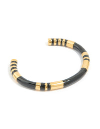 Waterproof Gold Plated Stainless Steel Striped Black Enamel Wrist Cuff - link has visual effect only