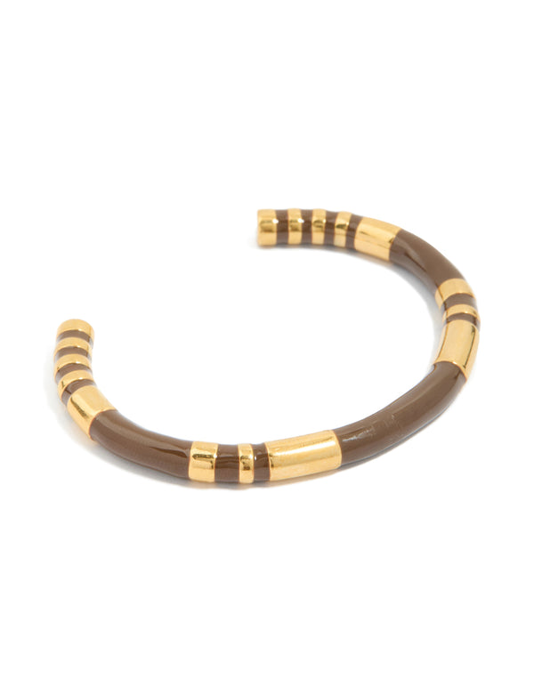 Waterproof Gold Plated Stainless Steel Brown Enamel Wrist Cuff