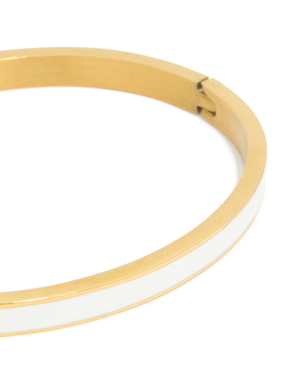 Waterproof Gold Plated Stainless Steel Thick White Enamel Thick Hinged Bangle