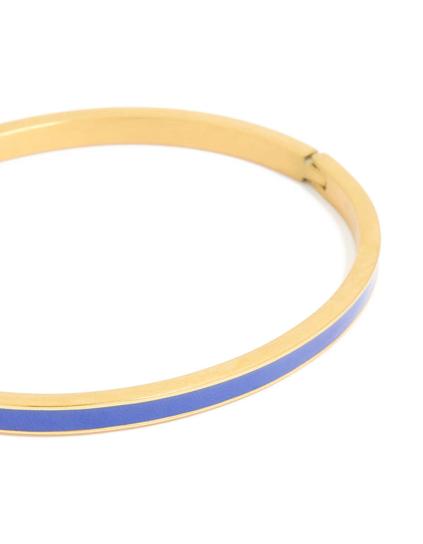 Waterproof Gold Plated Stainless Steel Thin Blue Enamel Hinged Bangle