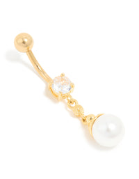 Gold Plated Surgical Steel Pearl & Cubic Zirconia Belly Bar - link has visual effect only