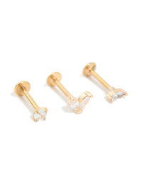 Gold Plated Surgical Steel Cubic Zirconia Flat Back Studs 3-Pack - link has visual effect only