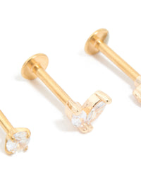 Gold Plated Surgical Steel Cubic Zirconia Flat Back Studs 3-Pack - link has visual effect only