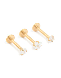Gold Plated Surgical Steel Cubic Zirconia Flat Back Earrings 3-Pack - link has visual effect only