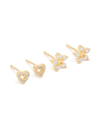 Kids Gold Plated Surgical Steel Cubic Zirconia Flower & Heart Stud Earrings 2-Pack - link has visual effect only