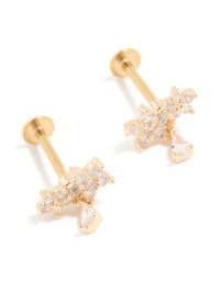 Gold Plated Surgical Steel Cubic Zirconia Flower Teardrop Flat Back Studs - link has visual effect only