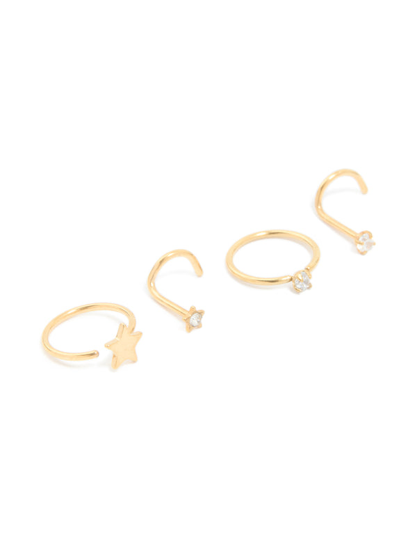 Gold Plated Surgical Steel Cubic Zirconia Nose Rings & Studs 4-Pack
