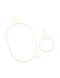 Gold Cubic Zirconia Tennis Necklace, Bracelet & Earrings Set - link has visual effect only
