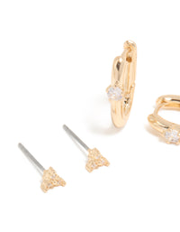 Gold Cubic Zirconia Rectangle Huggie & Stud Earrings 3-Pack - link has visual effect only