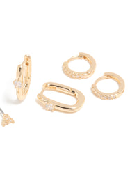 Gold Cubic Zirconia Rectangle Huggie & Stud Earrings 3-Pack - link has visual effect only
