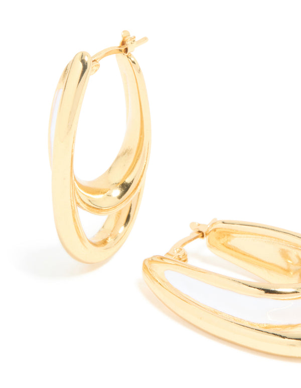 Waterproof Gold Plated Stainless Steel White Enamel Double Illusion Hoop Earrings
