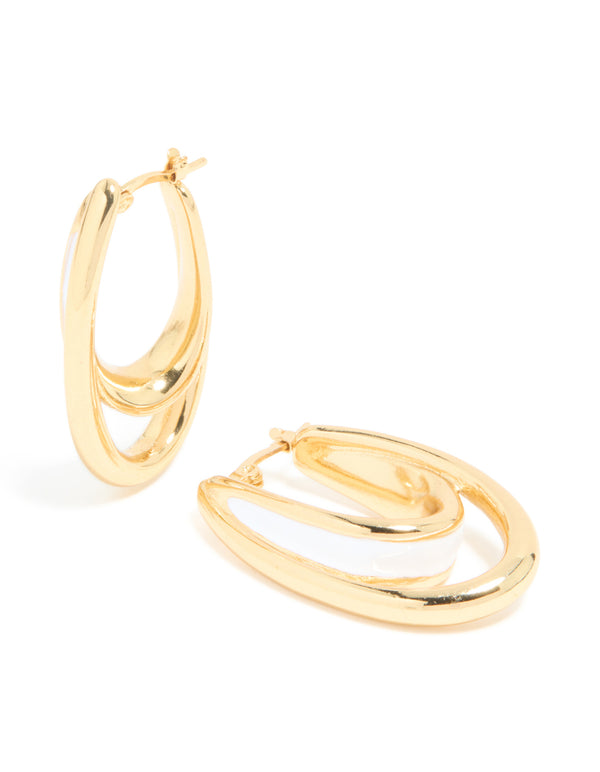 Waterproof Gold Plated Stainless Steel White Enamel Double Illusion Hoop Earrings