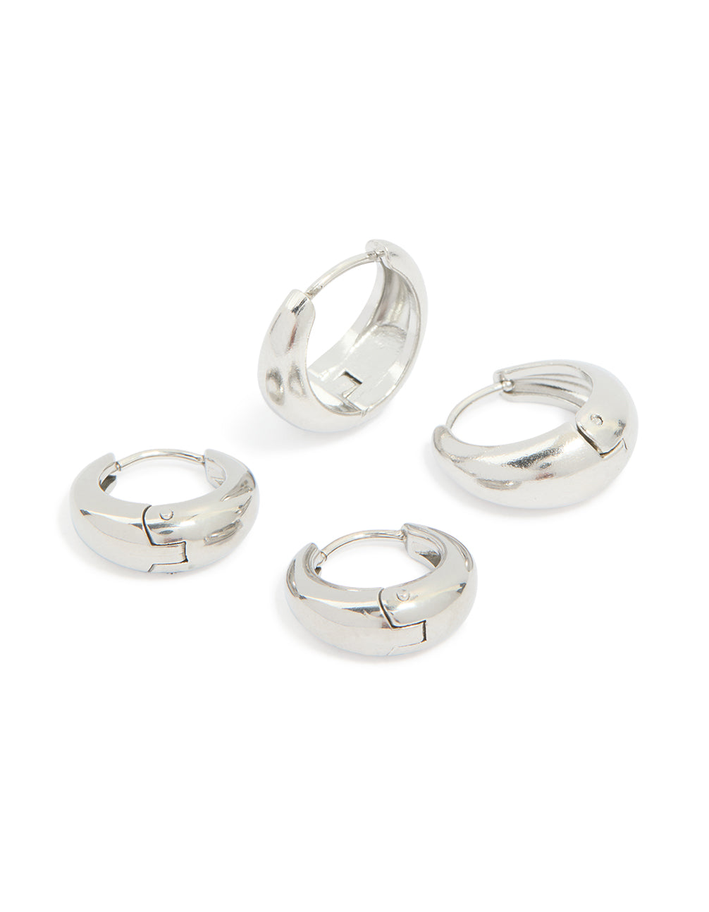 Showcasing chunky waterproof stainless steel oval huggie earrings in silver, 2-pack front view