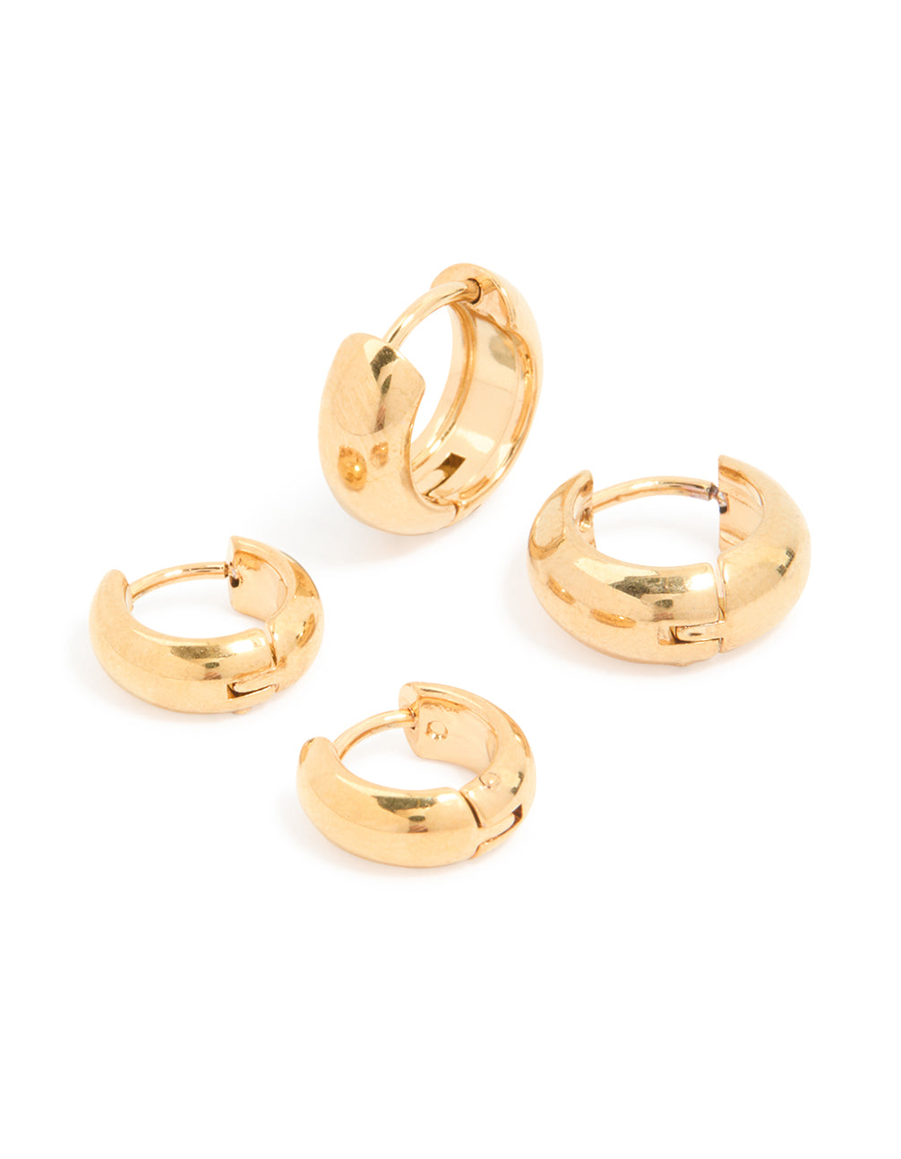 Featuring waterproof gold plated stainless steel small chubby huggie earrings in a 2 pack with chunky style front view