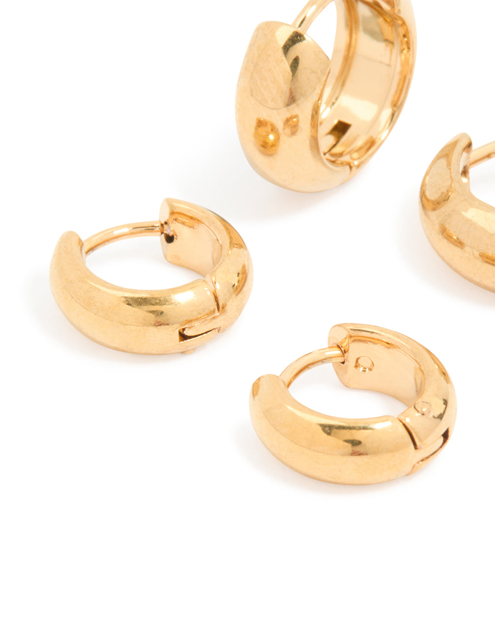 Waterproof gold plated stainless steel small chubby huggie earrings in a 2 pack with chunky style close up view