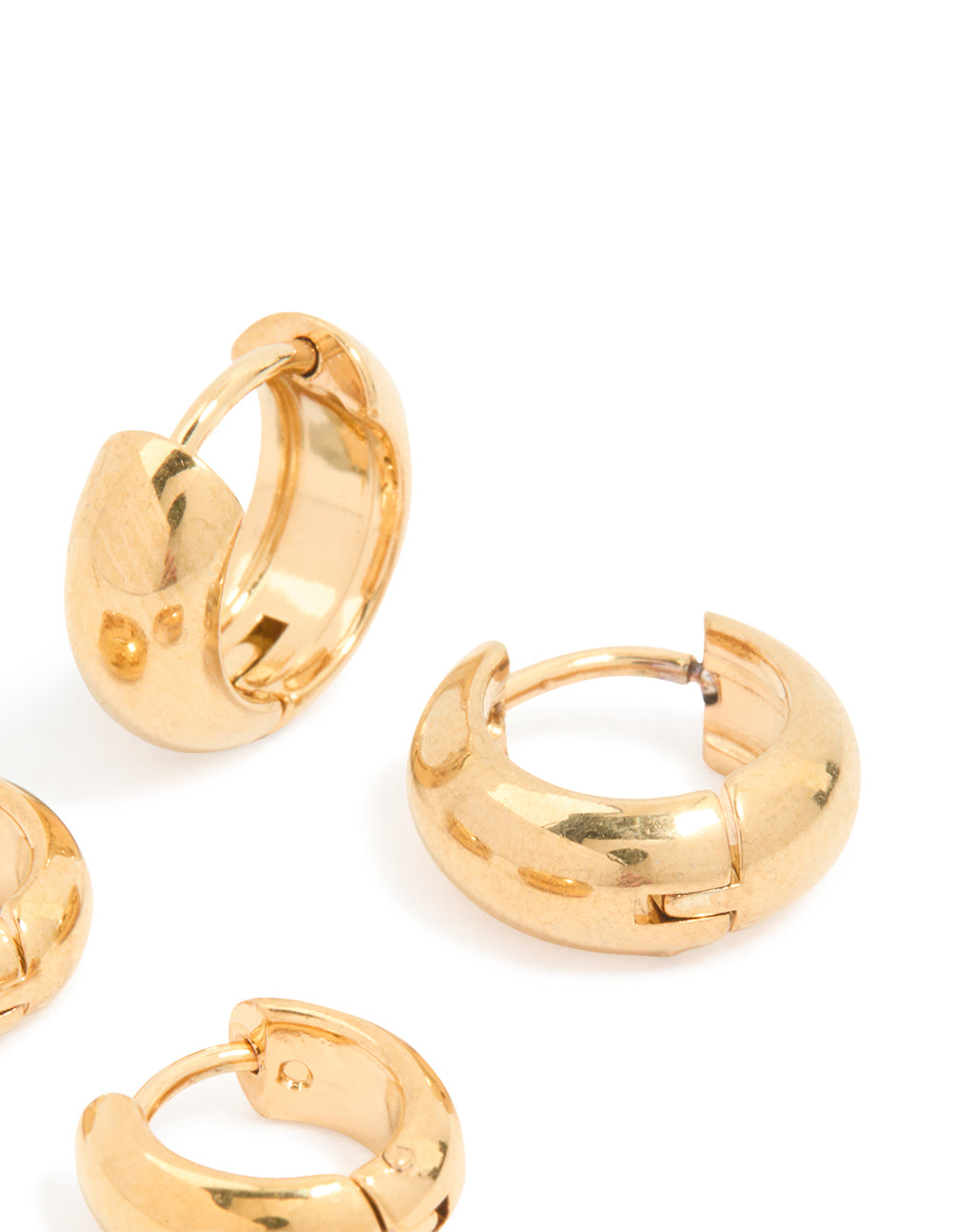These waterproof gold plated stainless steel small chubby huggie earrings in a 2 pack feature chunky style post detail view