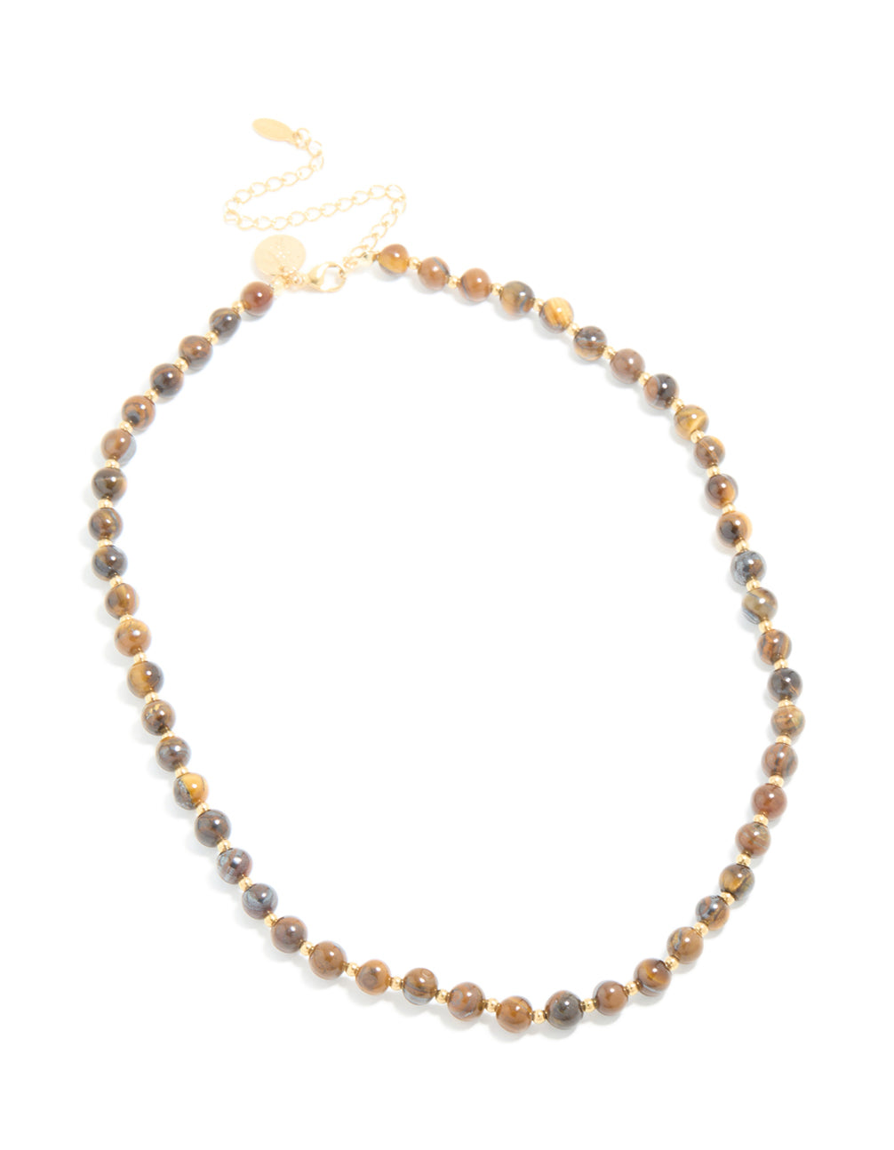 Presenting a waterproof beaded tigers eye semi precious stone short necklace in gold plated stainless steel front view